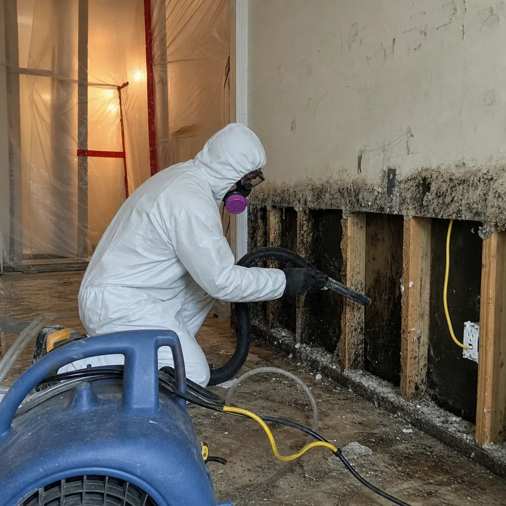 Professional technician performing professional mold remediation and structural decontamination