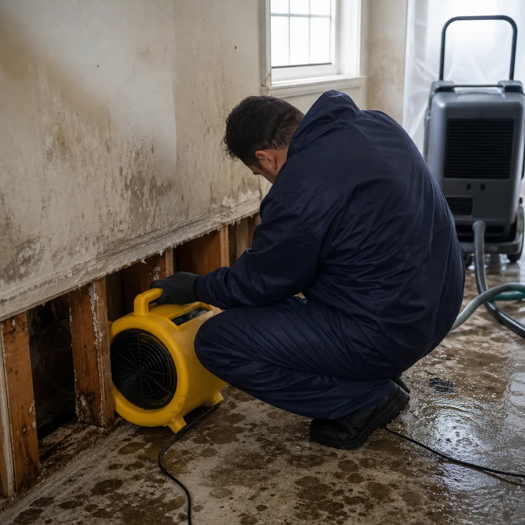 Restoration professional using industrial fan for water damage repair