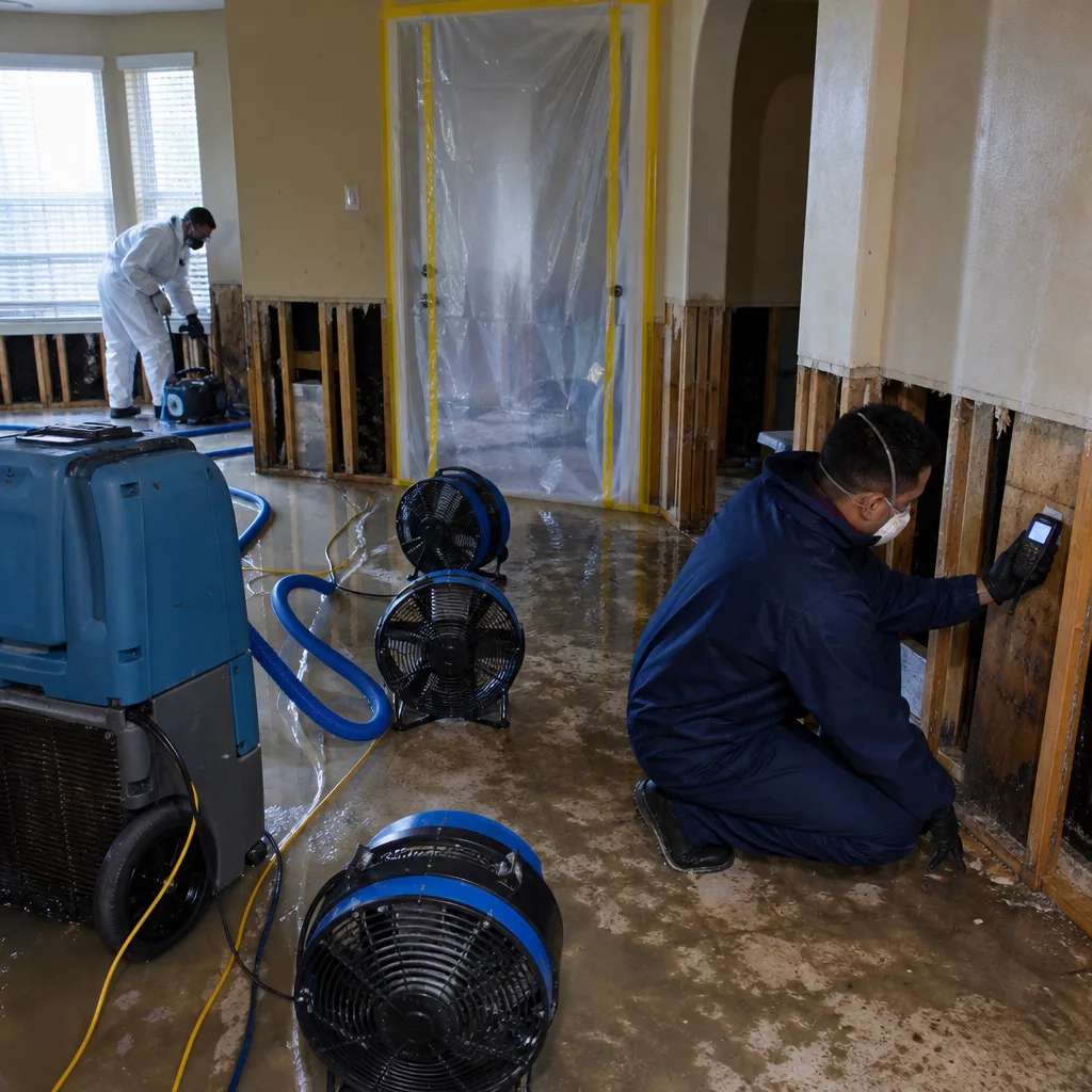 Water damage restoration technicians testing moisture levels in a flooded room