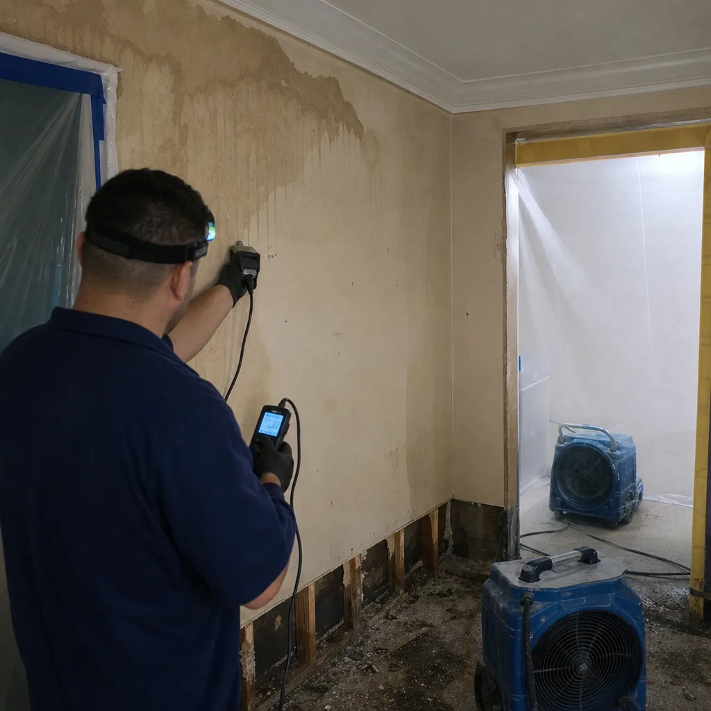 Water damage restoration professional using a moisture meter on a wall