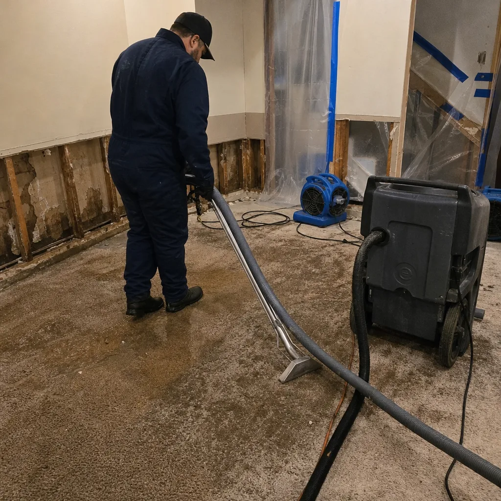Technician using industrial equipment for water damage extraction and restoration