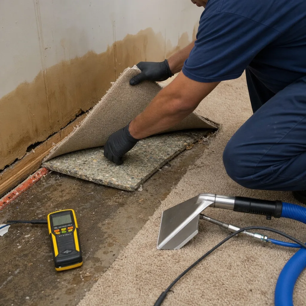 Water damage restoration technician using moisture meter and carpet extraction equipment